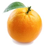 ripe orange with leaves on white background